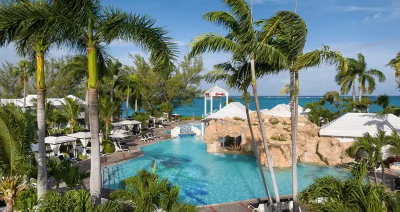 Zwembad met rotspartij en palmbomen in Turks en Caicos