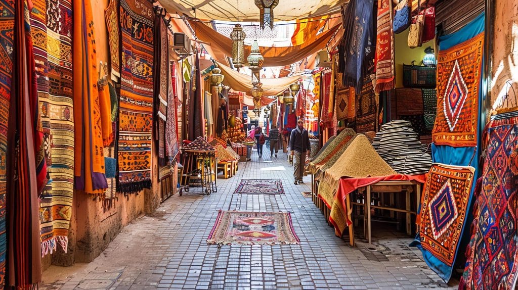 Kleurrijke marktstraat met tapijten in Marrakech, Marokko