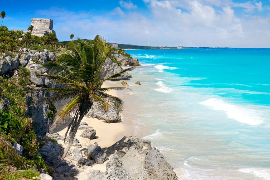Rotskust met palmbomen en ruïne in Mexico