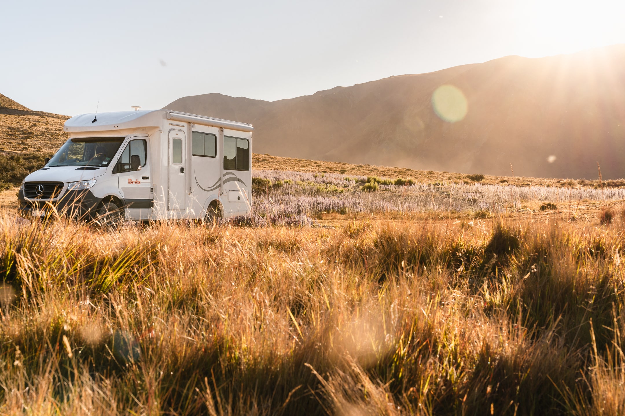Camper in natuurgebied met ochtendlicht Nieuw-Zeeland
