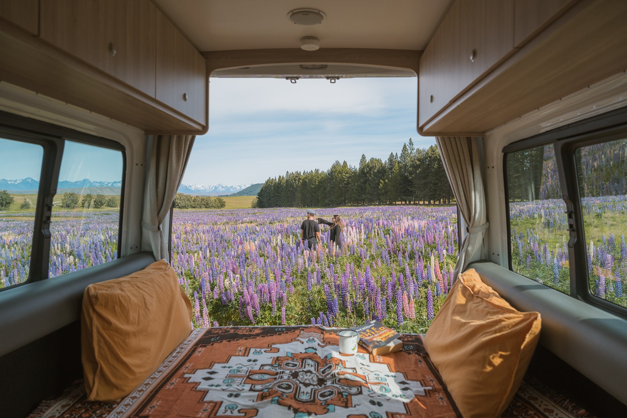 Blik op lupineveld vanuit camper Nieuw-Zeeland