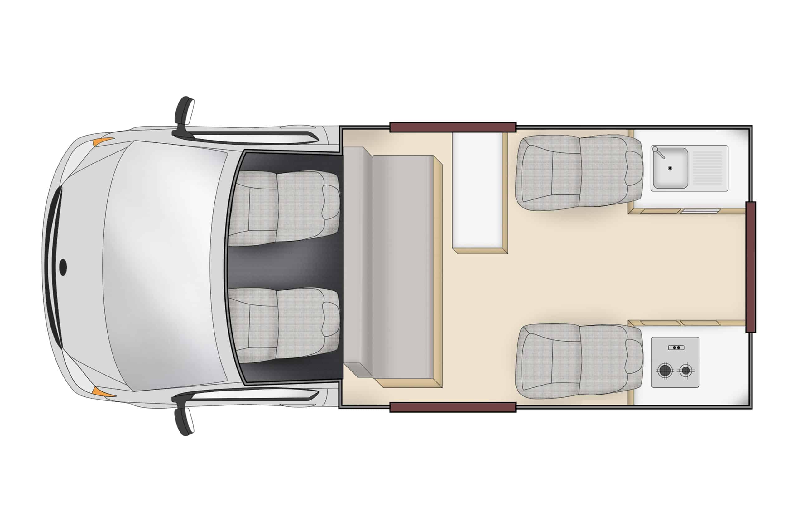 Indeling camper met stoelen en keuken, Nieuw-Zeeland