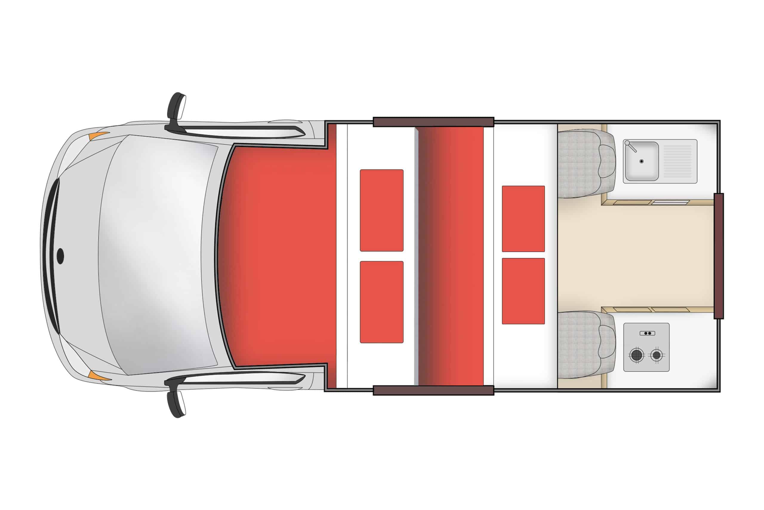 Indeling camper met bedden uitgeklapt, Nieuw-Zeeland