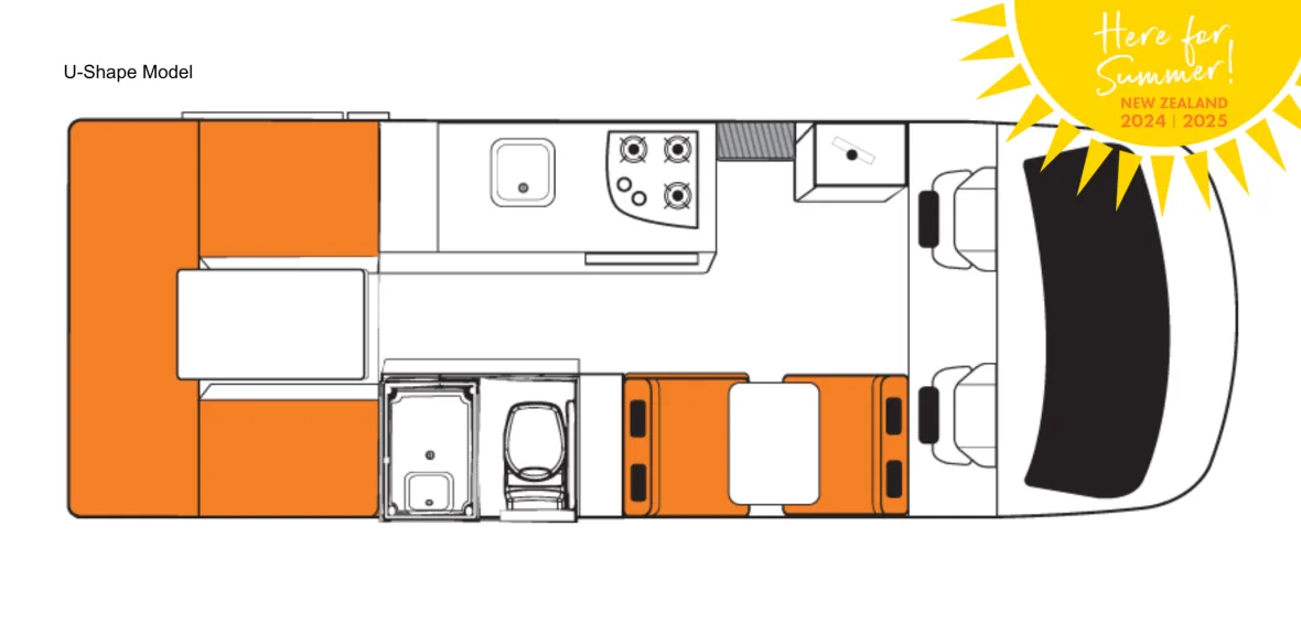 Plattegrond van camper met U-zit omgevormd tot bed