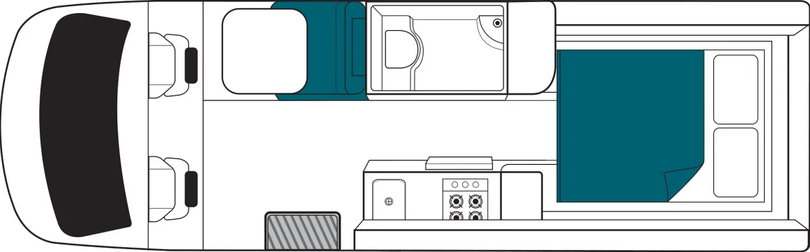 Keukenblok en bed in camper Nieuw-Zeeland