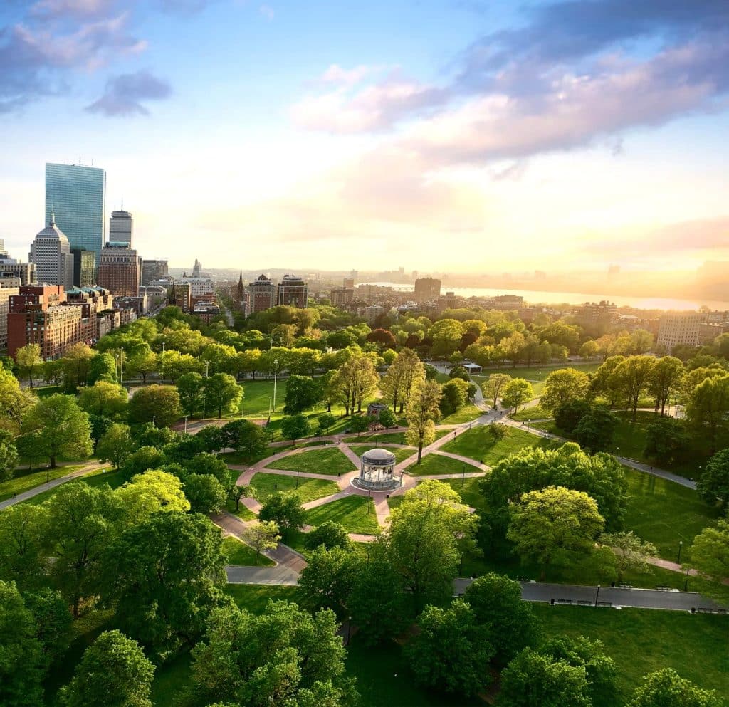 Stadspark met paden en bomen in Boston
