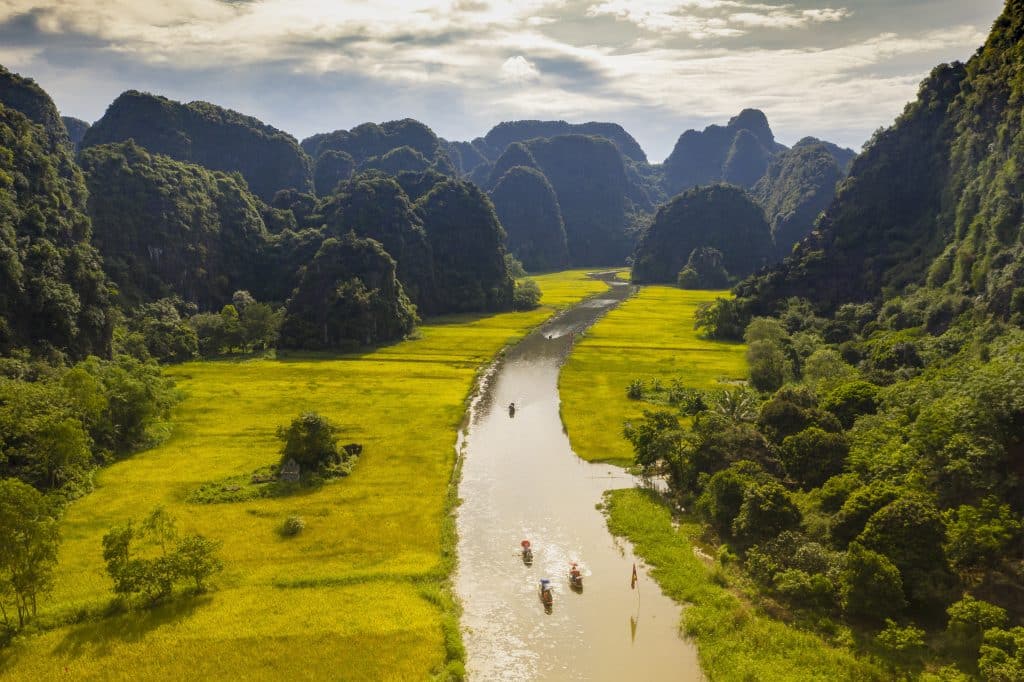 Rivier tussen rijstvelden en karstbergen in Vietnam