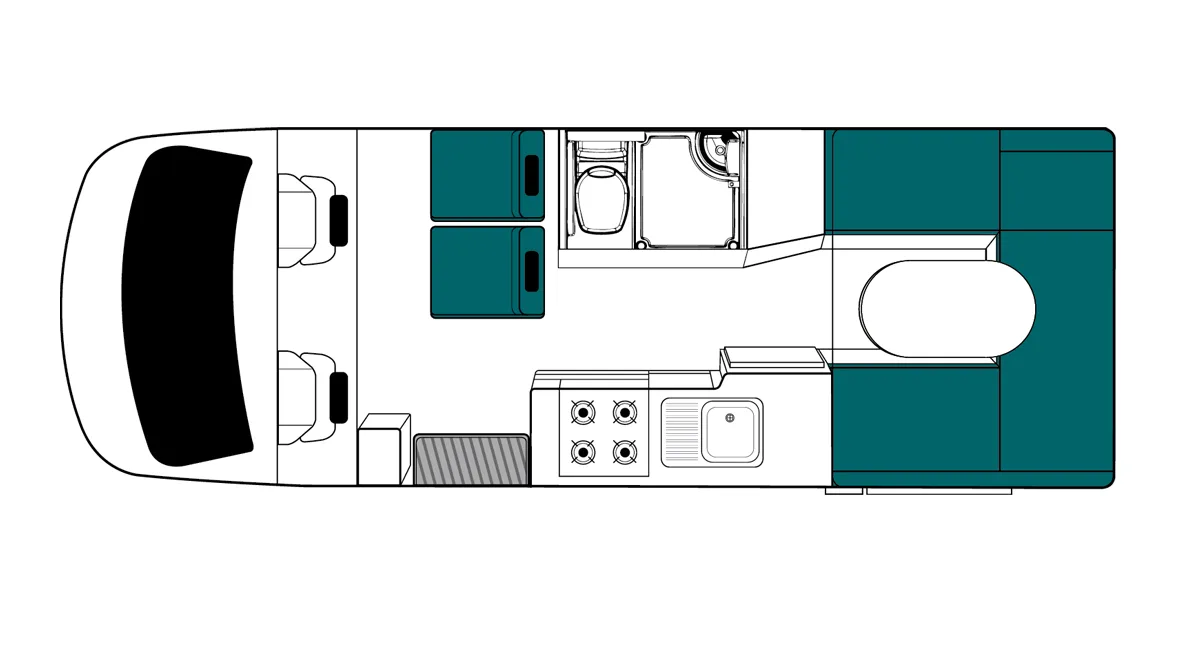 Plattegrond camper overdag in Nieuw-Zeeland